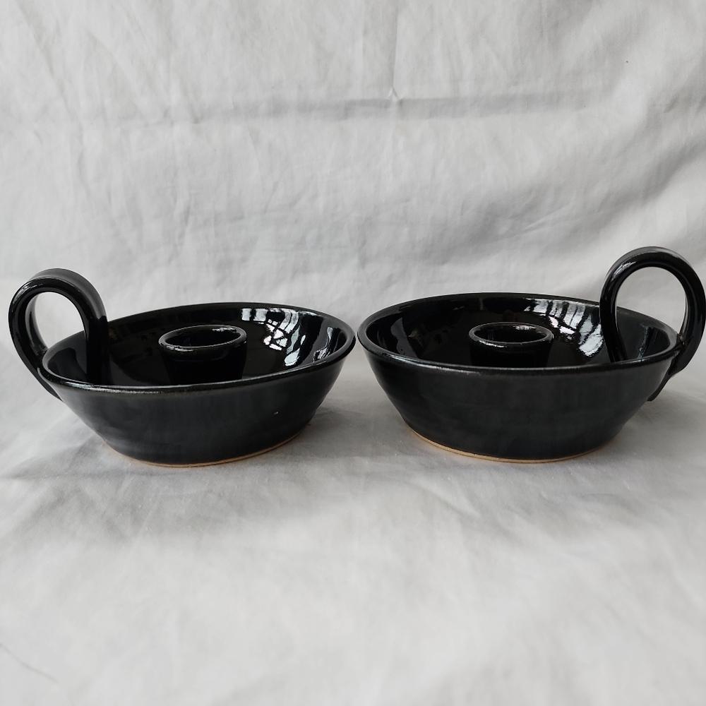 Studio Art Pottery Black Chambermaid Candle Holders x 2 Handle Signed Pair Taper